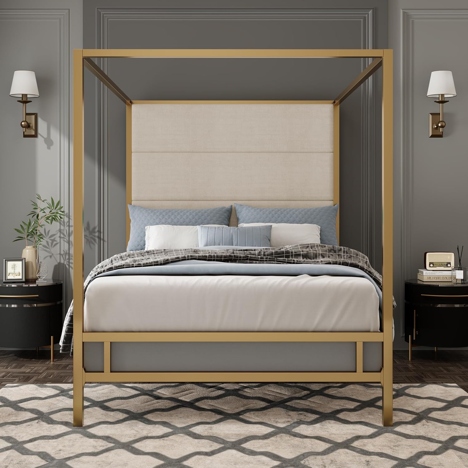 Merax King Size Gold Metal Canopy Bed Frame, Modern Upholstered Linen Headboard with Tall Back Support, 800 lbs Weight Capacity, Luxurious 4-Poster Bedroom Furniture for Modern Home, Gold+Tan