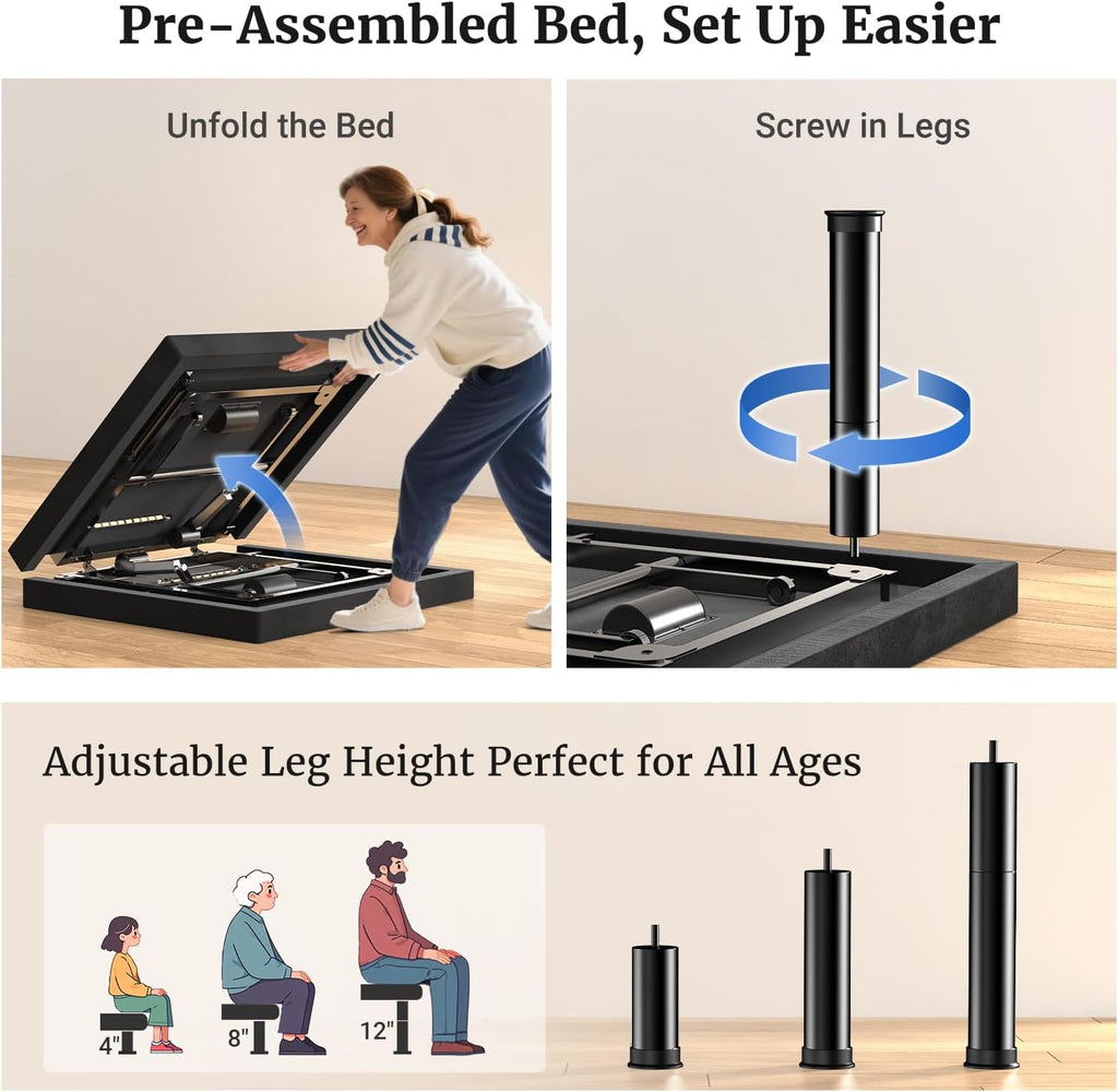 Tami Tami T600 Adjustable Bed Frame Queen Size with Remote & Massage - Electric Beds Bases, Zero Gravity, Dual Side USB, Side Pockets, Nightlight, Quiet Motor, Wireless Remote, 5 Min Easy Assembly