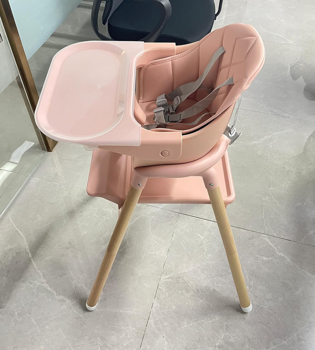 Baby High Chair, 6-in-1 Wooden Convertible High Chairs for Toddlers, Booster Seat with Double Tray & Reversible Footrest, 5-Point Harness, Pink