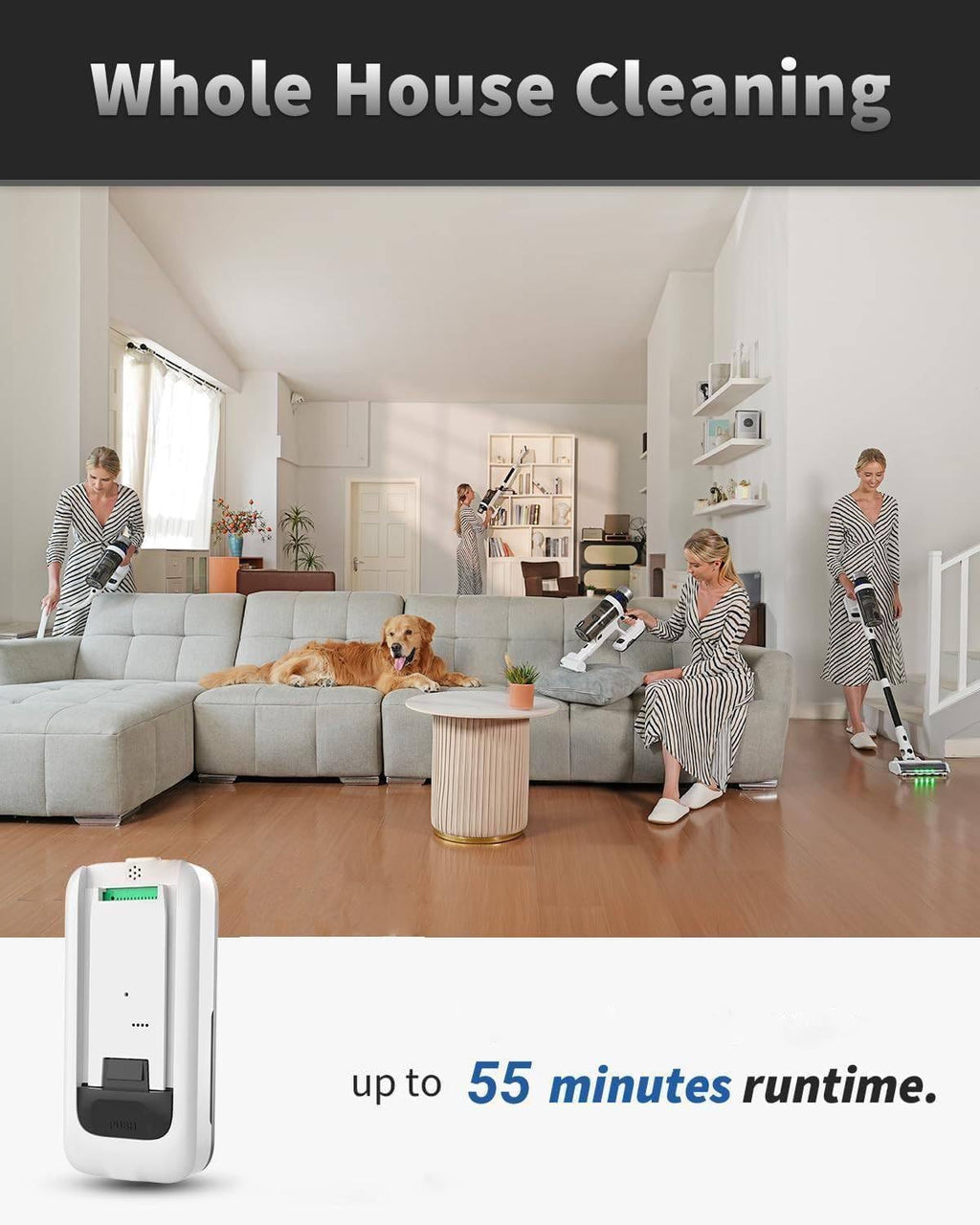 Cordless Vacuum Cleaner, 55Mins Vacuum Cleaners for Home, 15-in-1 Self-Standing Stick Vacuum with LED Light, Anti-Tangle & Wall Mount Charge, Lightweight Vacuum for Hard Floors Carpets Pet Hair