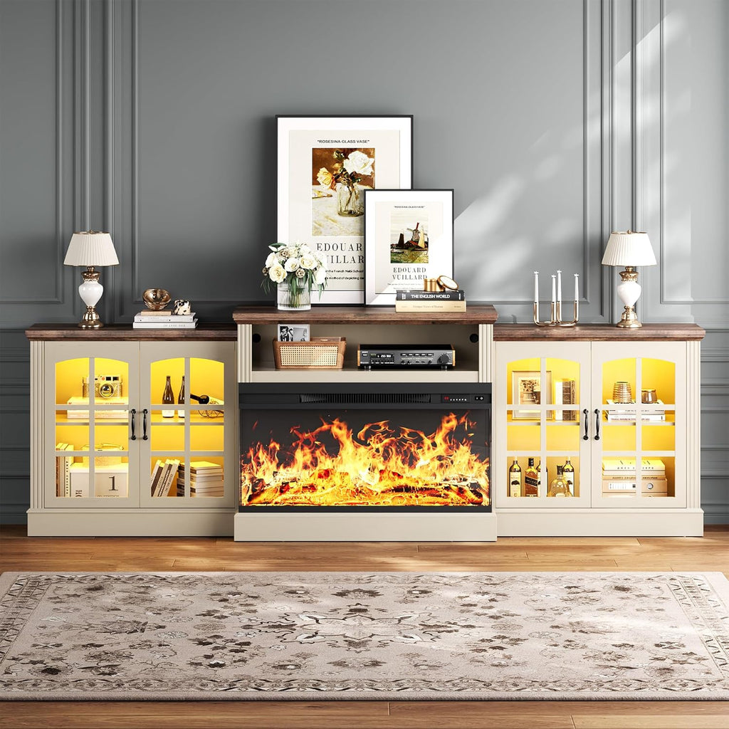 97" Fireplace TV Stand with 36" Electric Fireplace, Farmhouse Entertainment Center for TVs up to 100", Media Console Table with Large Storage Cabinets, for Living Room, White