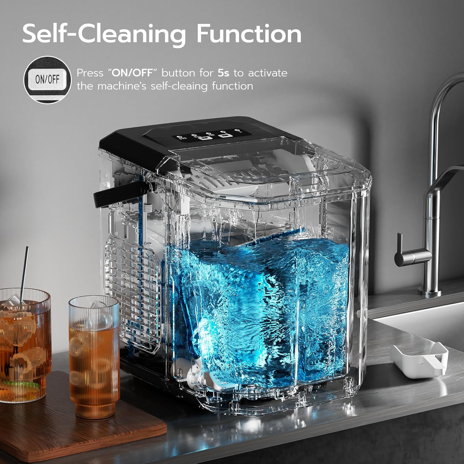 ZAFRO Countertop Ice Maker, 26Lbs/24H, 9 Bullet Cubes in 6 Mins, Self-Cleaning Portable Ice Machine with 2 Ice Sizes (S/L), Quiet Compact Design, Double Handles, for Home, Party, RV, Camping, Black