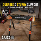 Klein Tools 80178 Folding Saw Horse, Adjustable 26 to 32-Inch Height, 2x4 Support Arms, Heavy Duty Jobsite Table, 2-Pack