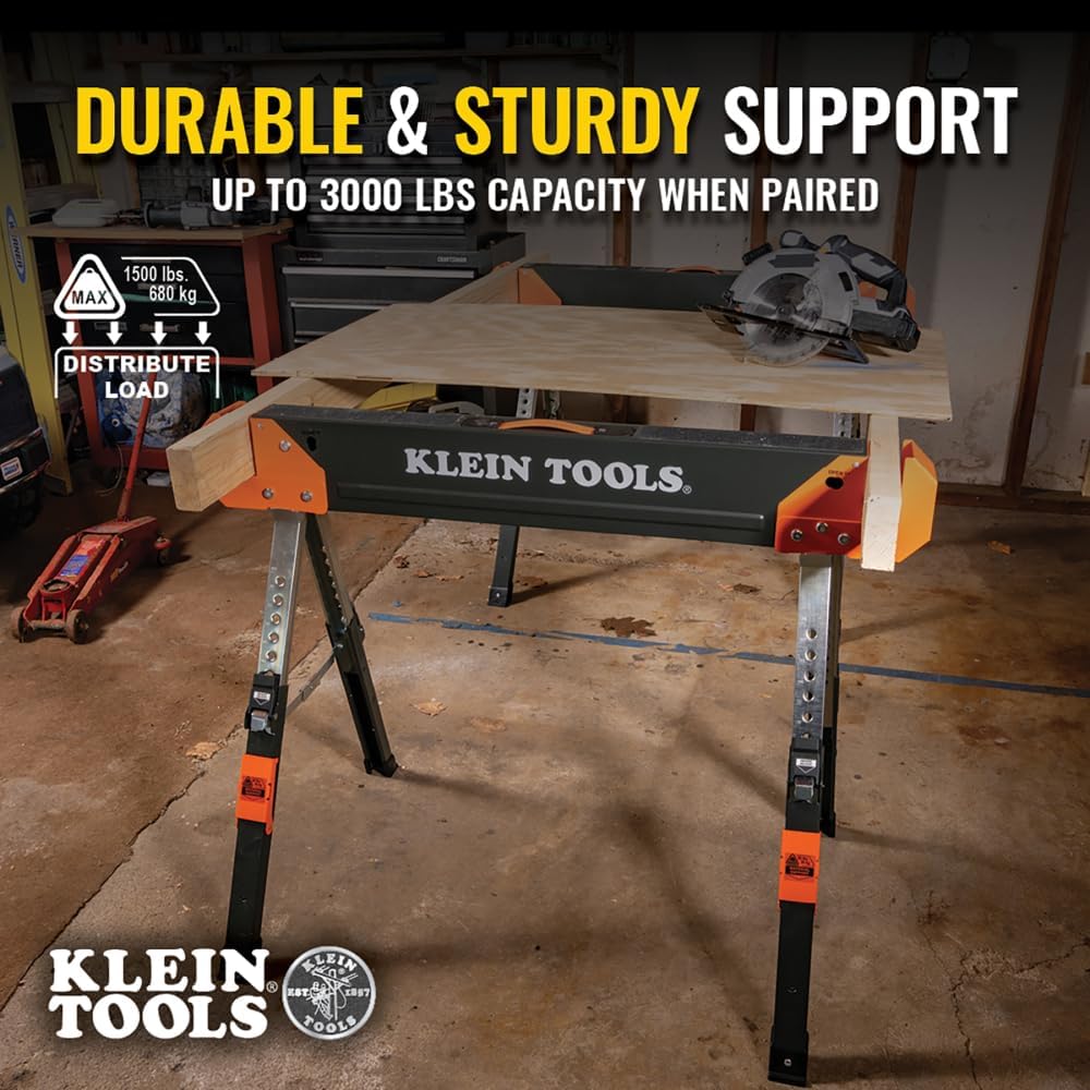 Klein Tools 80178 Folding Saw Horse, Adjustable 26 to 32-Inch Height, 2x4 Support Arms, Heavy Duty Jobsite Table, 2-Pack
