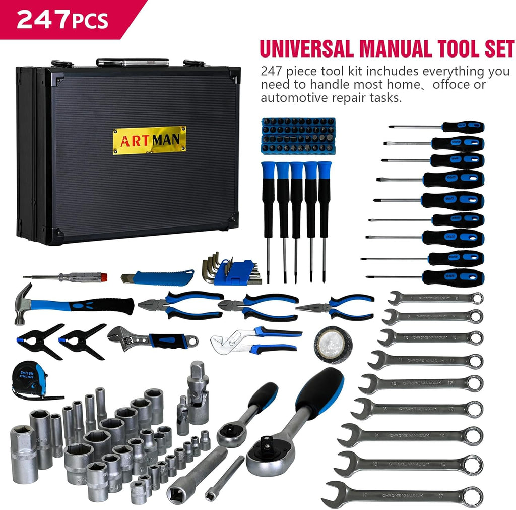 247 Piece Mechanics Tool Set, Premium Aluminum Tool Box with Tools Included, General Home Repair Tool Kit for Auto, House and DIY, 1/4 and 1/2 Drive Socket Wrench Kit, Blue