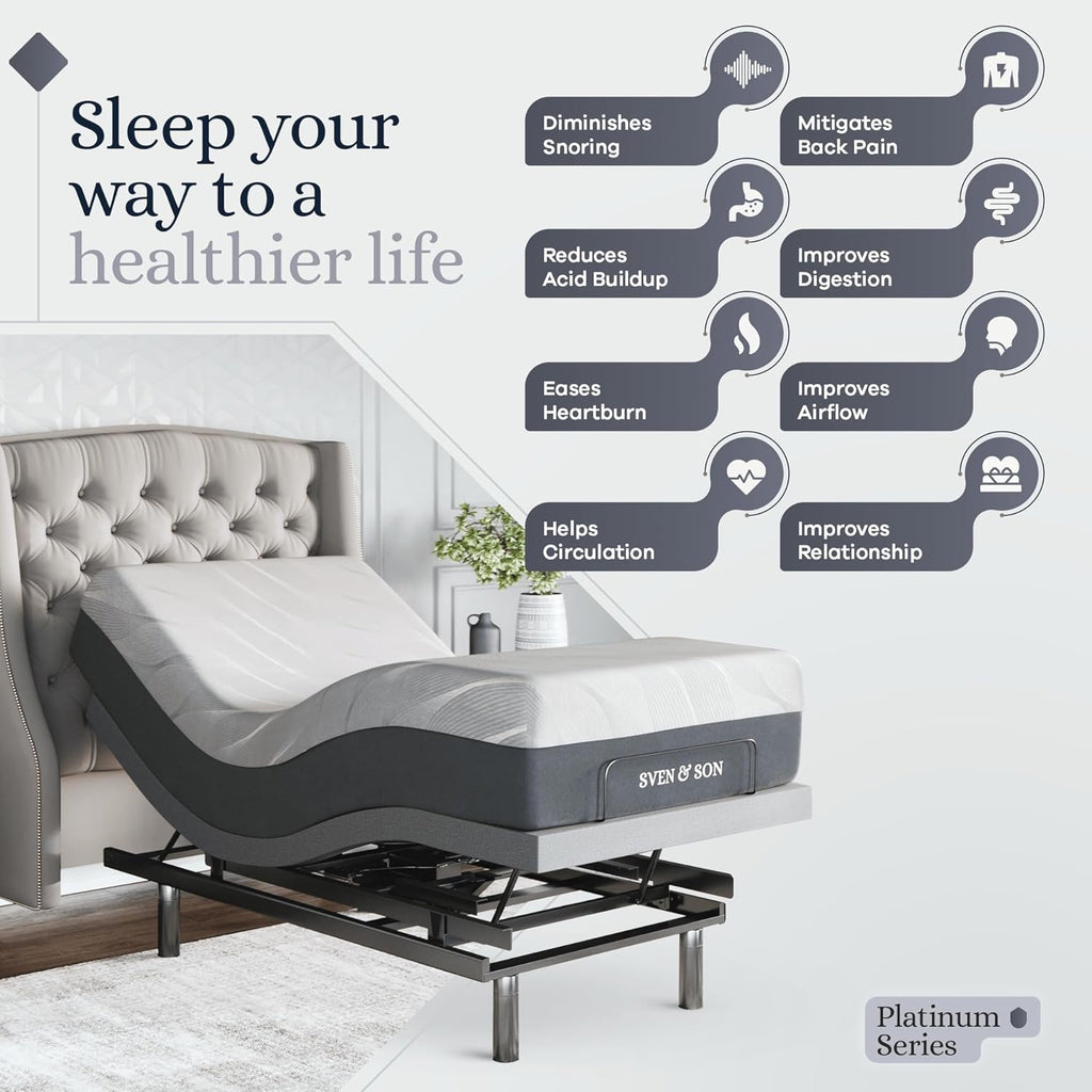 Sven & Son Platinum Adjustable Bed Base Frame + 12 inch Memory Foam Matt (Medium), Lumbar Support, Head-Pillow-Tilt, Massage, Under-Bed Lights, USB - Twin XL