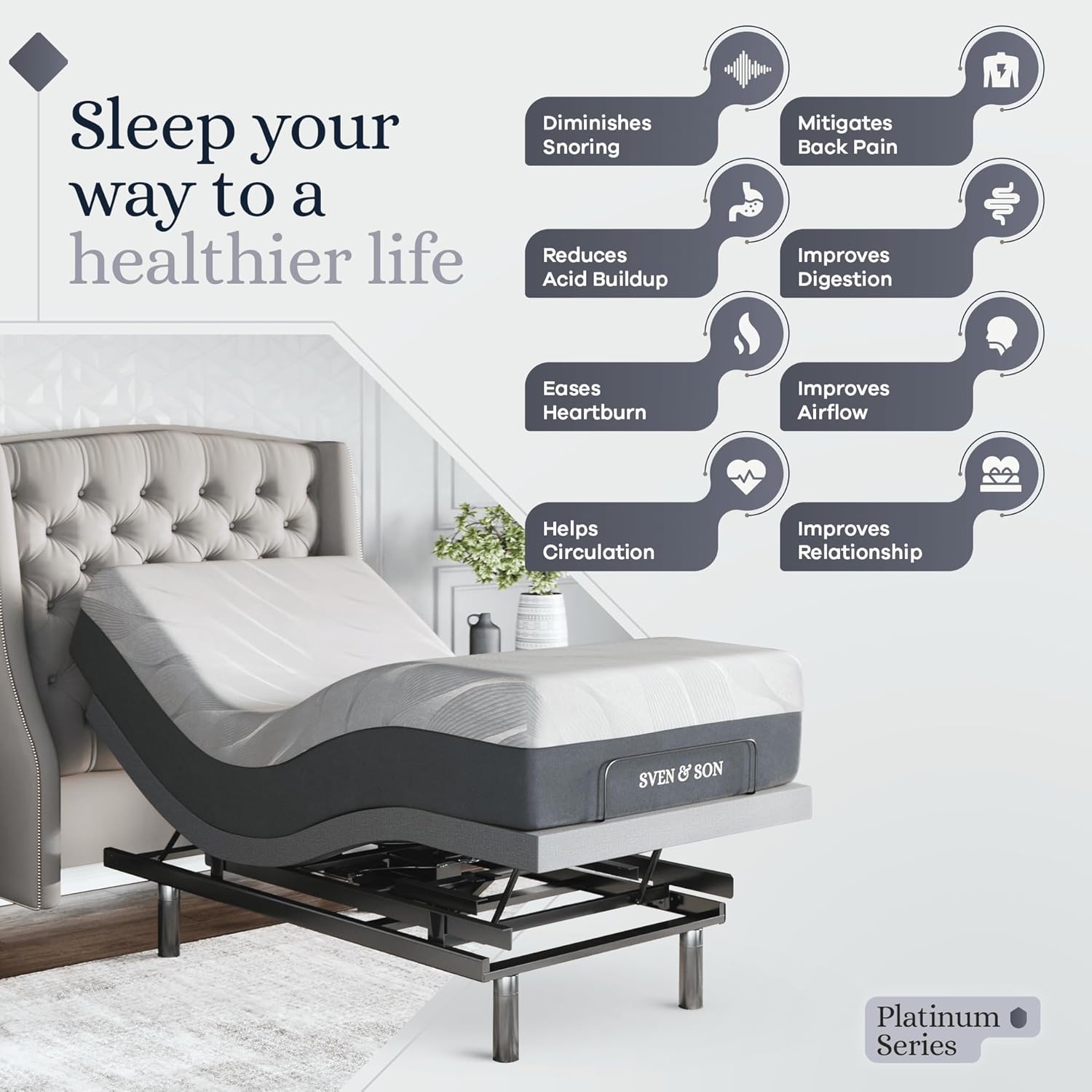 Sven & Son Platinum Adjustable Bed Base Frame + 12 inch Memory Foam Matt (Medium), Lumbar Support, Head-Pillow-Tilt, Massage, Under-Bed Lights, USB - Twin XL