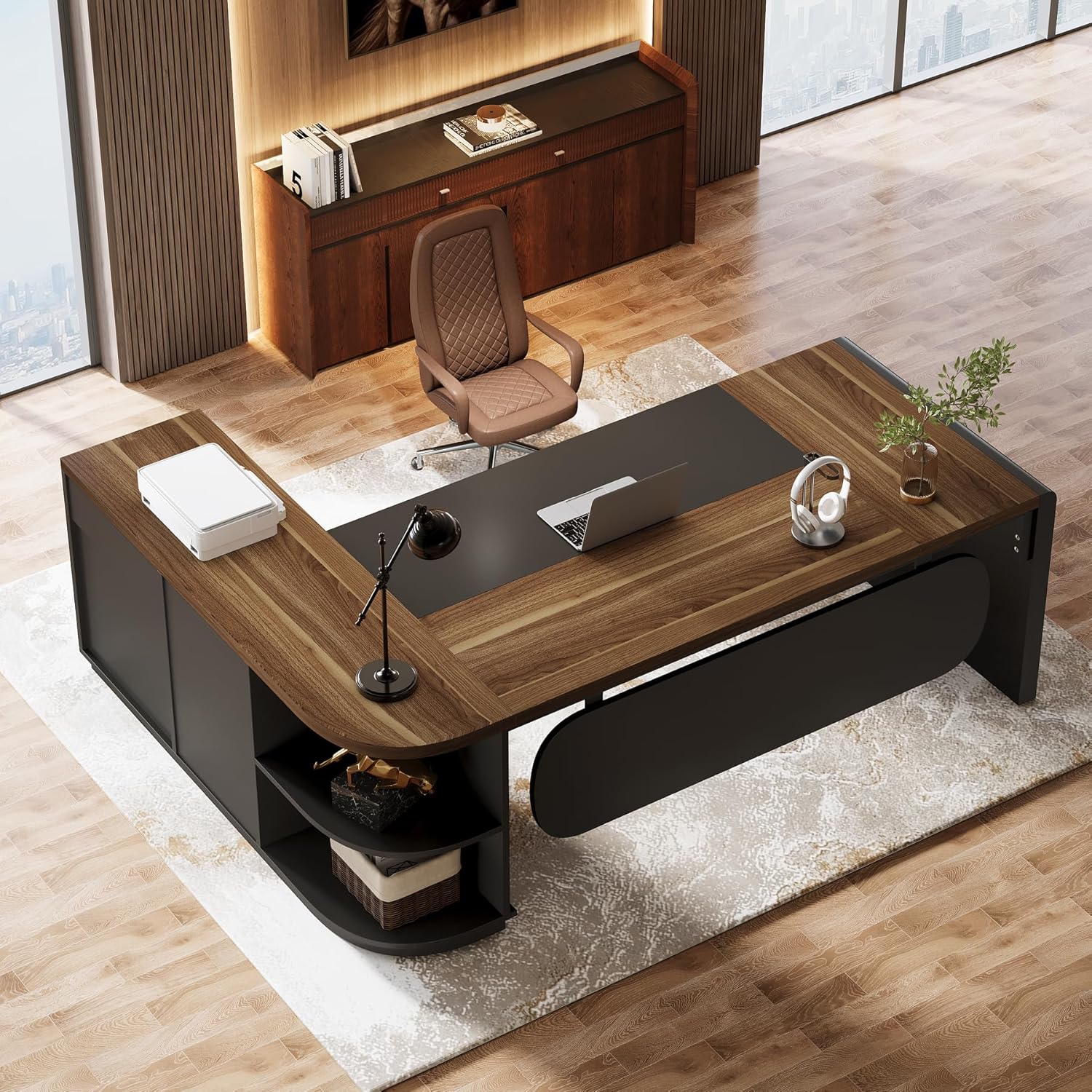 Tribesigns 80'' L-Shaped Desk, Large Executive Office Desk with 55'' Drawers Cabinet, Modern Commercial Office Table with Storage Shelves, Business Furniture for Home Office, Brown & Black