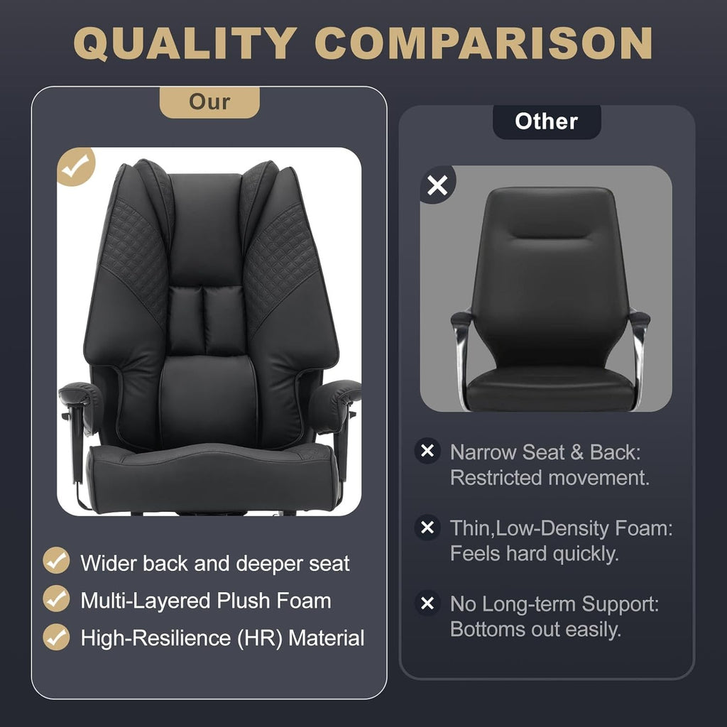 Big and Tall Office Chair 400lbs Wide Seat, Leather High Back Executive Office Chair with Foot Rest, Ergonomic Chairs Lumbar Support for Lower Back Pain Relief (Black)
