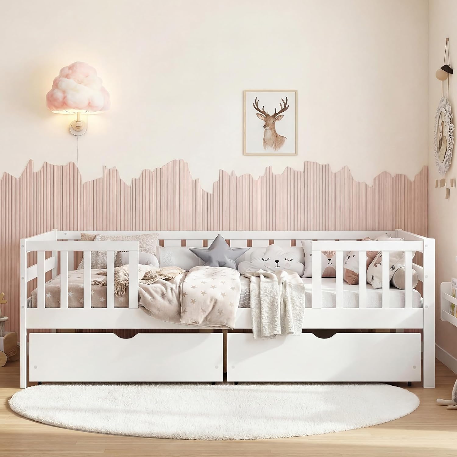 Giantex Full Kids Bed with Storage Drawers, Wood Montessori Bed with Rails & Side Shelf, Low Daybed Bed Frame for Boys Girls, No Box Spring Needed (White)