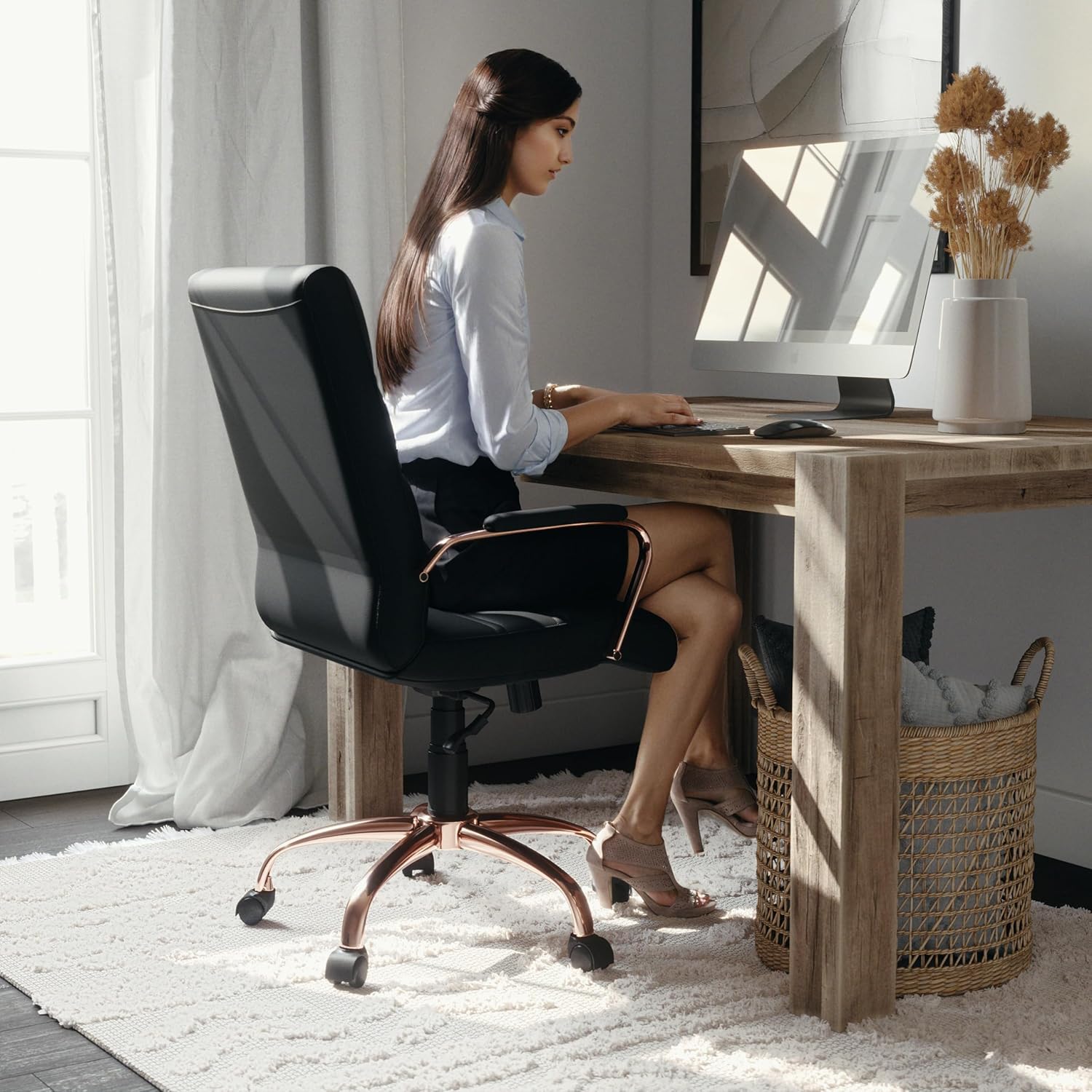 Flash Furniture Whitney Mid-Back Swivel LeatherSoft Desk Chair with Padded Seat and Armrests, Adjustable Height Padded LeatherSoft Office Chair, Black/Rose Gold