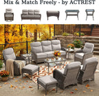 Luxury Outdoor Swivel Rocker Patio Chairs of 2 with Side End Table - 3 Piece Set with 6-Inch Smile Cushions High Back Brown Wicker Rattan Gliders Furniture for Porch Balcony Deck - Beige