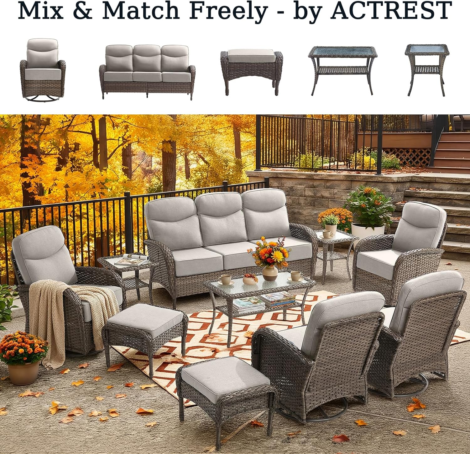 Luxury Outdoor Swivel Rocker Patio Chairs of 2 with Side End Table - 3 Piece Set with 6-Inch Smile Cushions High Back Brown Wicker Rattan Gliders Furniture for Porch Balcony Deck - Beige