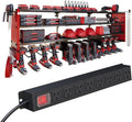 53" Power Tool Organizer Wall Mount with Power Strip, Heavy Duty Metal Tool Shelf, 400lbs Capacity for Cordless Drills, Batteries & Garage Storage (12 Slots with 8 Outlets Power Strip)