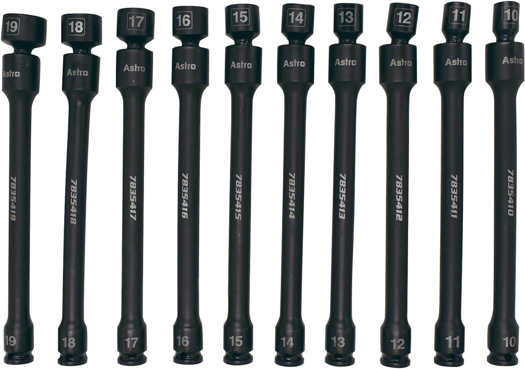 Astro Tools 78354 10-Piece 3/8" Drive 6 Point Pinless Universal Torque-Saver Impact Extension Socket Set - Metric