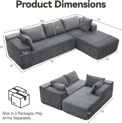 106" Modular Sectional Sofa, Grey Corduroy Cloud Couch with Left Chaise, Deep Seat Boneless Floor Sofa for Living Room, High-Resilience Foam Support, No Assembly Required, Includes Pillows | Sectional Sofa, Corduroy Cloud, Boneless, High-Resilience,