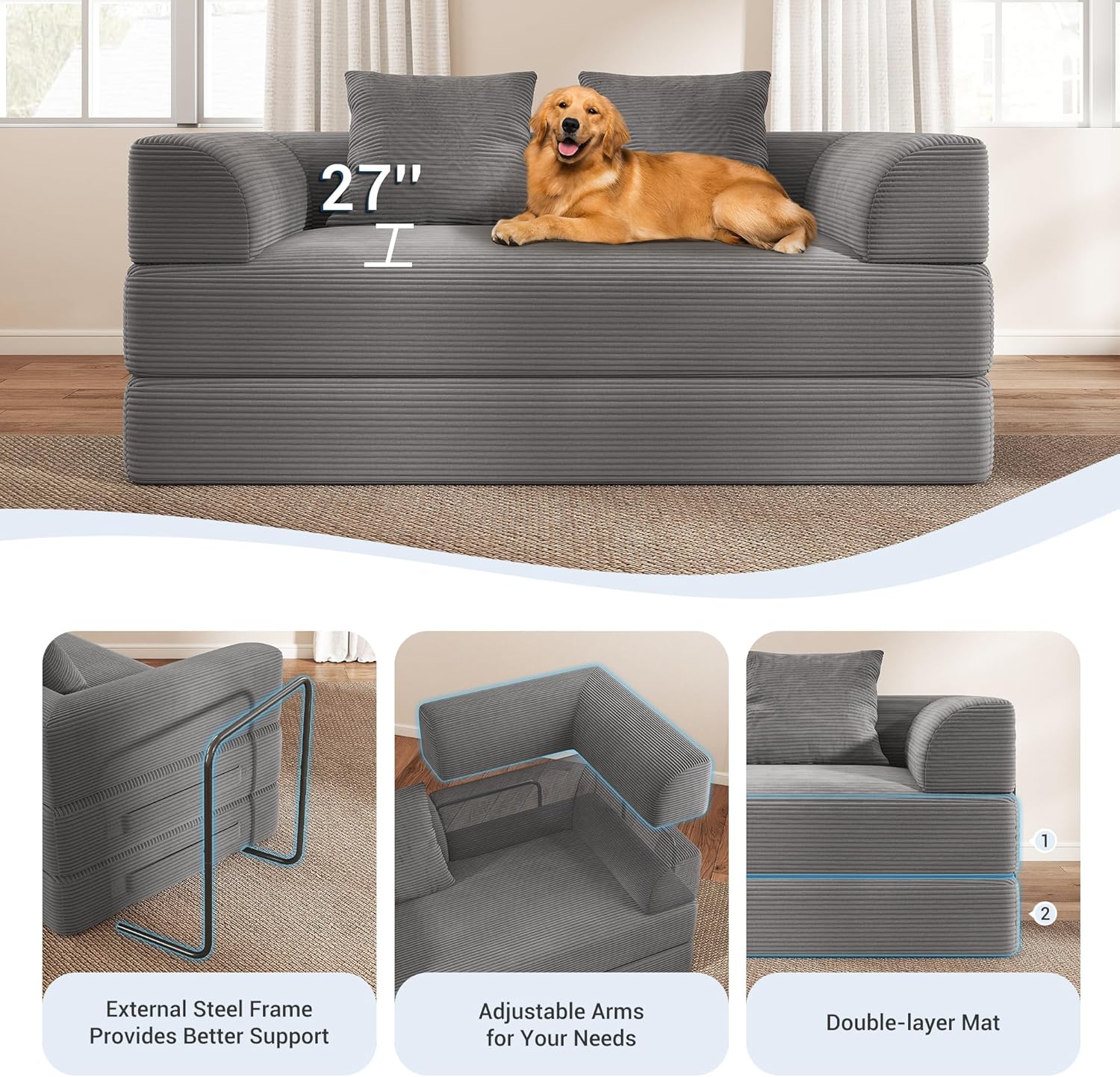 Cloud Boneless Convertible Floor Sofa Bed, 70" 4-in-1 Foldable Compressed Loveseat Lounge Sleeper 2 Seater Couches, High-Density Sponge & Corduroy Fabric Futon Daybed for Living Room Bedroom(Gray)