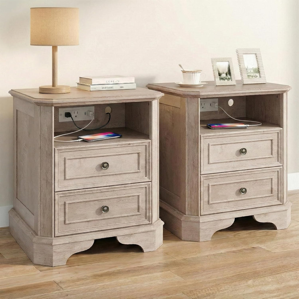 24" Greige Oak Nightstand with Charging Station, Set of 2 Rustic Farmhouse Bedside Table with 2 Drawers and Open Shelf, Distressed Wood End Table with Outlets and USB Ports