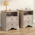 24" Greige Oak Nightstand with Charging Station, Set of 2 Rustic Farmhouse Bedside Table with 2 Drawers and Open Shelf, Distressed Wood End Table with Outlets and USB Ports