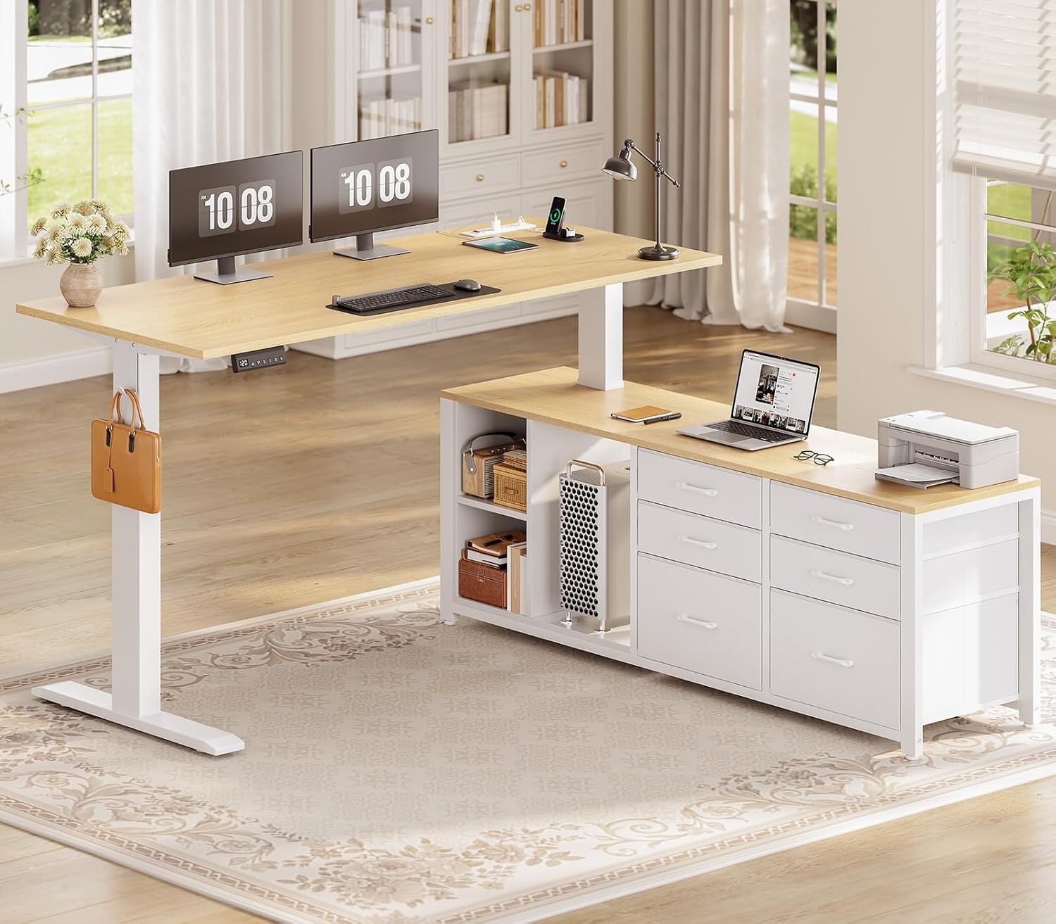 SEDETA L Shaped Electric Standing Desk, 55" x 55" Height Adjustable Office Executive Desk with 6 Fabric Drawers and Storage Shelves, Sit Stand Computer Desk with Power Outlet for Home Office (Oak)