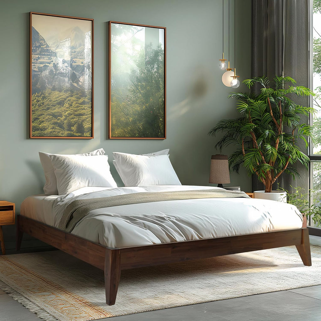 Acacia Mervyn Bed Frame Solid Wood Platform Bed, King Bed Frame No Headboard, Natural Wood Bed Compatible with All Mattress Types, No Box Spring Needed, Quick & Easy Assembly, Chocolate
