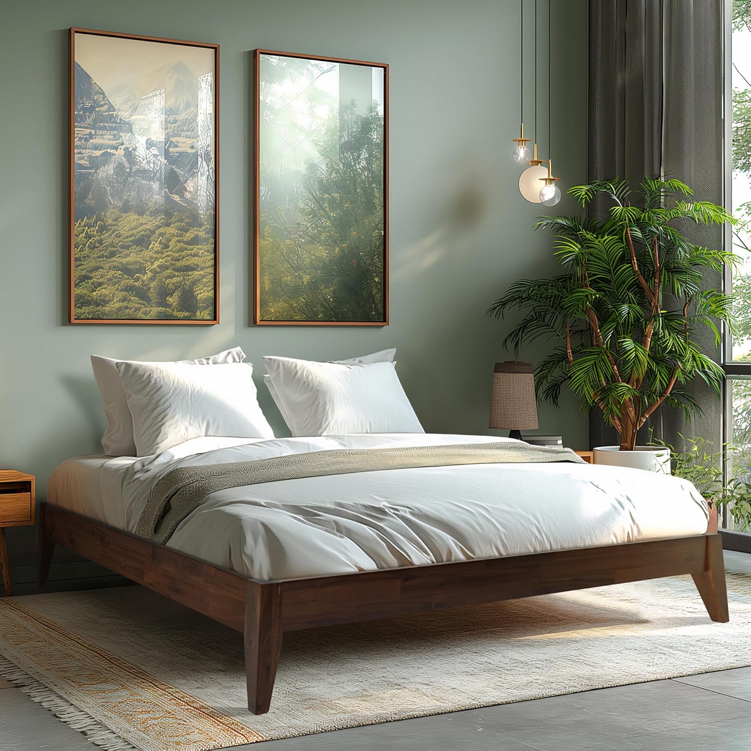 Acacia Mervyn Bed Frame Solid Wood Platform Bed, King Bed Frame No Headboard, Natural Wood Bed Compatible with All Mattress Types, No Box Spring Needed, Quick & Easy Assembly, Chocolate