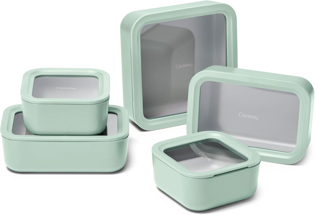Caraway 13pc Glass Food Storage Container Set - Easy to Store, Non Toxic Lunch Box - with Glass Lids - Includes Storage Organizer - Mist