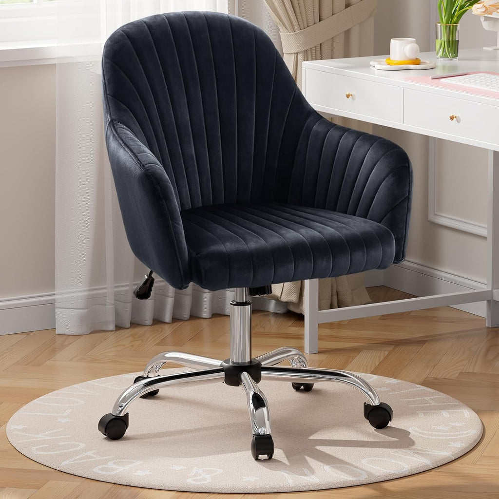Warmiehomy Office Chair, Velvet Desk Chair for Home Office, Cozy Vanity Chair, Girl Cute Makeup Chair with Arm Rest for Bedroom Dressing Room (Classic Black)