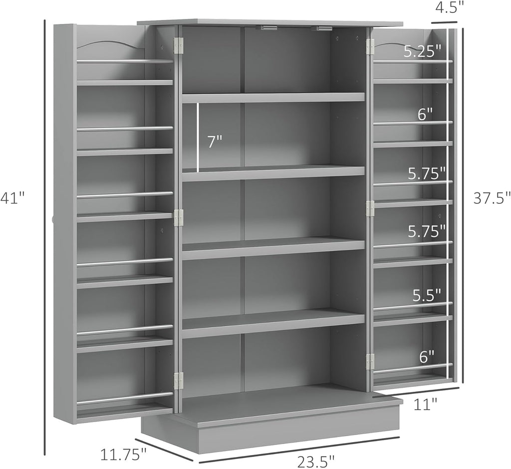 HOMCOM 41" Kitchen Pantry Storage Cabinet, Freestanding Kitchen Cabinet with 12 Door Shelves, Double Doors, 5-Tier Shelving and Adjustable Shelves, Gray
