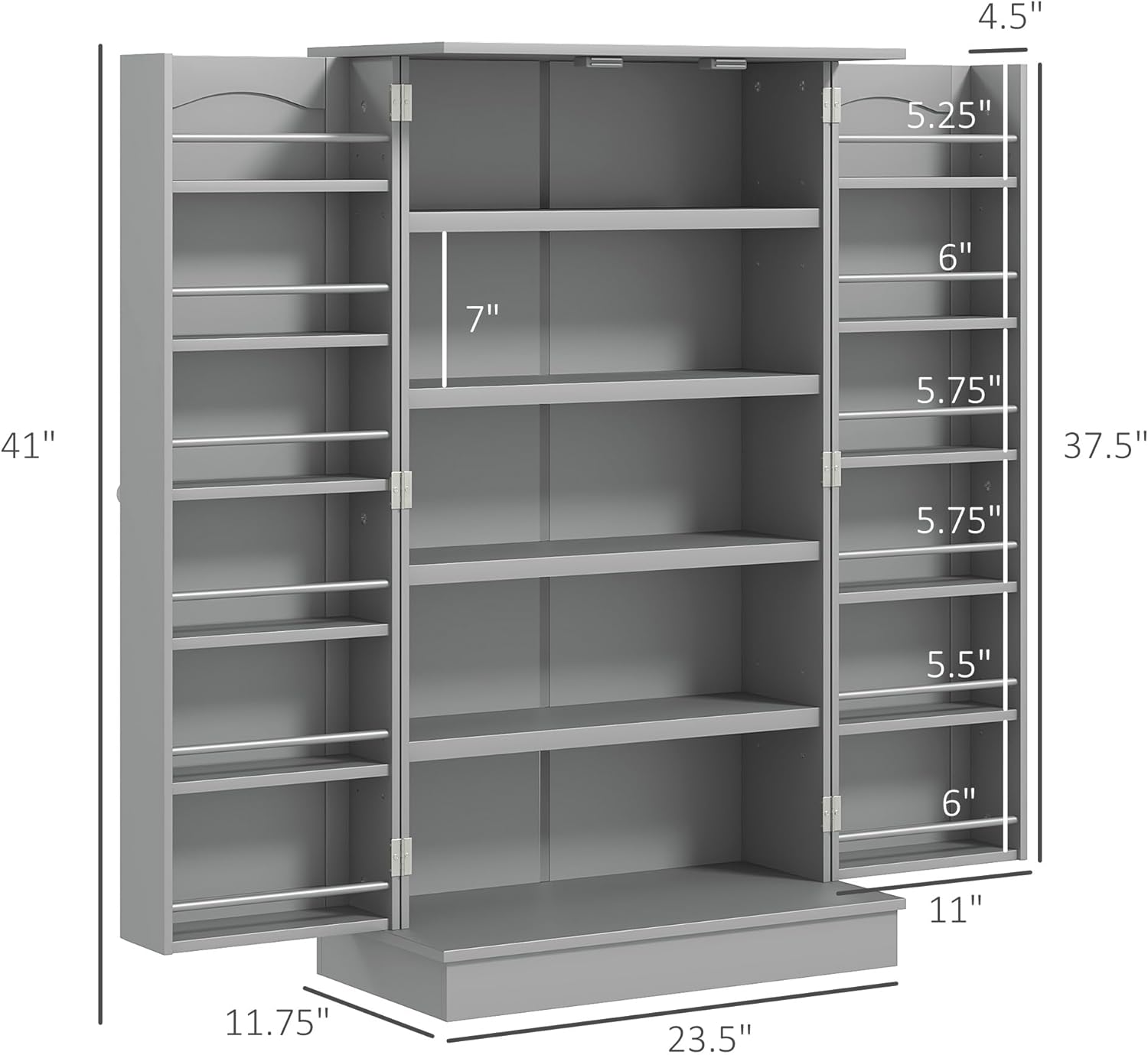 HOMCOM 41" Kitchen Pantry Storage Cabinet, Freestanding Kitchen Cabinet with 12 Door Shelves, Double Doors, 5-Tier Shelving and Adjustable Shelves, Gray