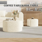 Round Nesting Coffee Table Set of 2,Upholstered Foam Ottoman Footrest Side Table Set,Modern Flannel Circle Coffee Table No Assembly for Living Room Entryway Bedroom,Beige