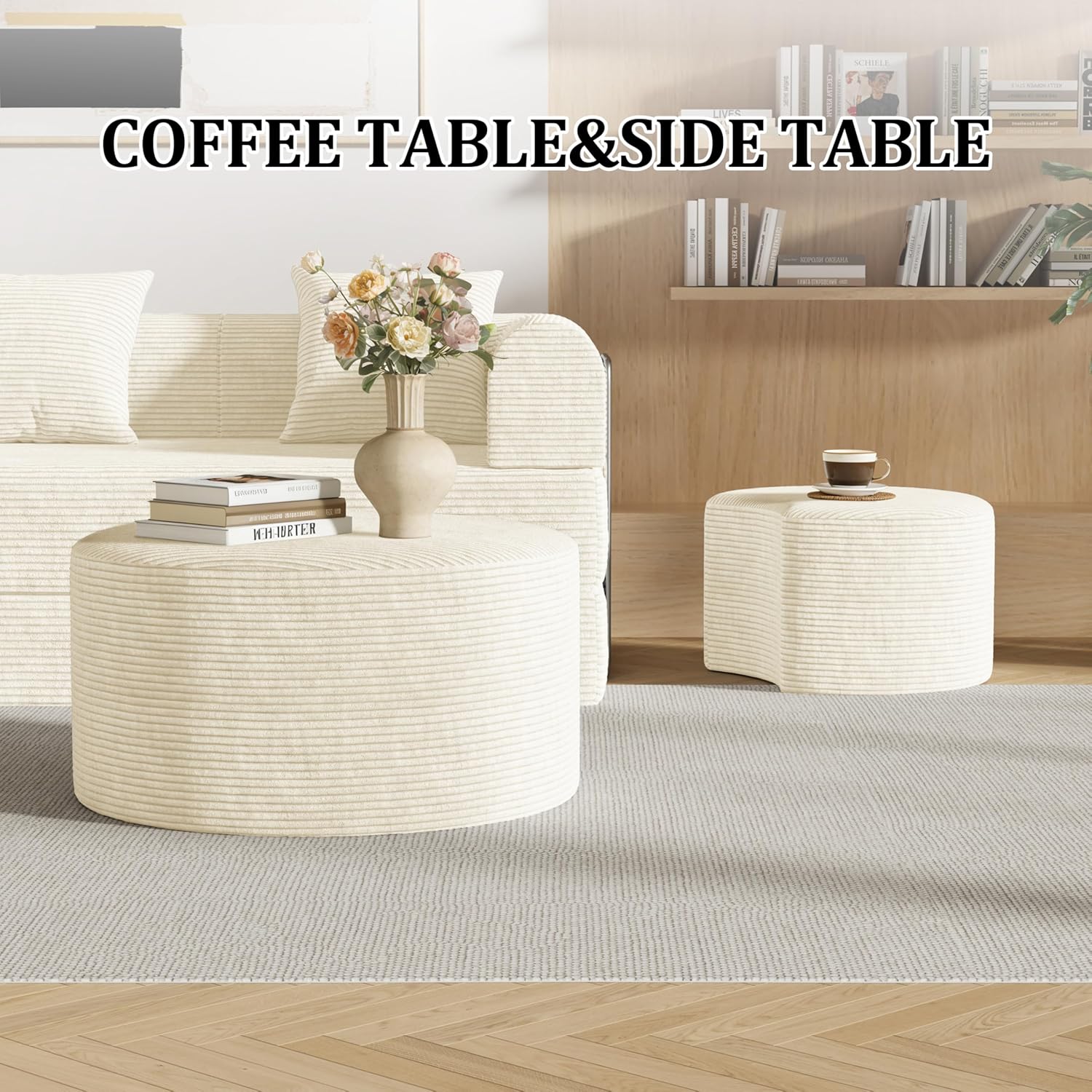 Round Nesting Coffee Table Set of 2,Upholstered Foam Ottoman Footrest Side Table Set,Modern Flannel Circle Coffee Table No Assembly for Living Room Entryway Bedroom,Beige