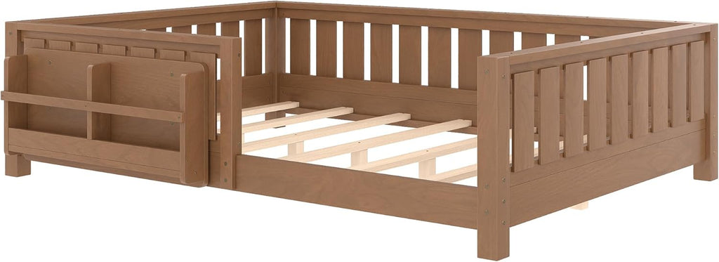 Bellemave Full Size Floor Bed with Slats and Safety Guardrail, Full Size Montessori Floor Bed with Fence and Built-in Bookshelf, Easy Assemble Montessori Beds for Kids, Girls, Boys, Natural