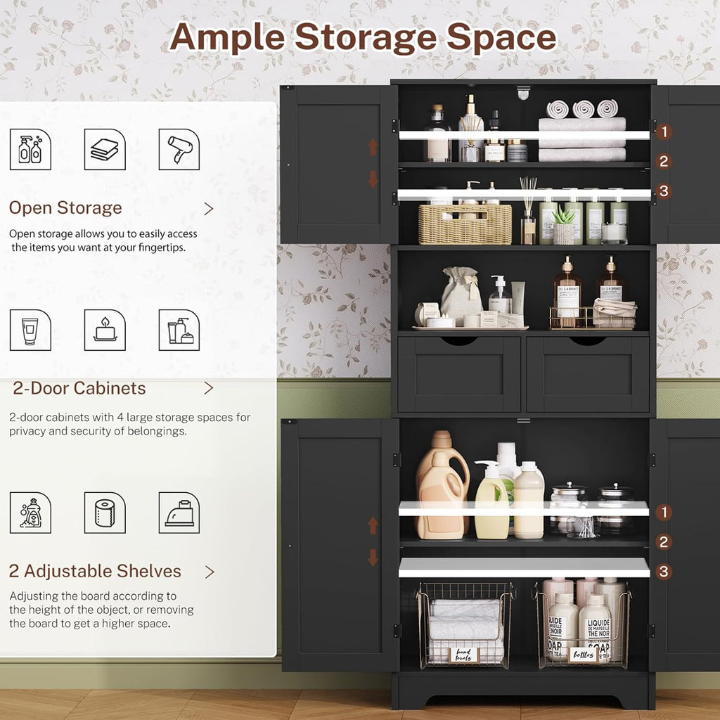 Iwell 57.8" H Tall Storage Cabinet with 2 Drawers & 2 Adjustable Shelves, Kitchen Cabinet with 4 Doors, Tall Cabinet for Living Room, Dining Room, Entryway, Black