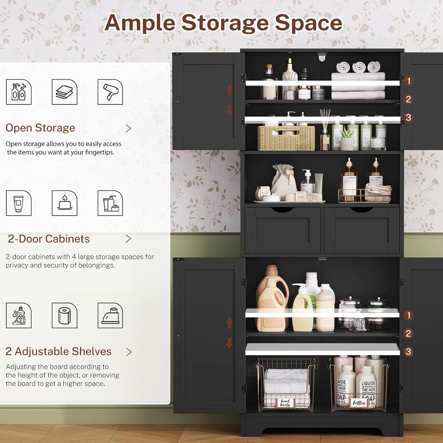Iwell 57.8" H Tall Storage Cabinet with 2 Drawers & 2 Adjustable Shelves, Kitchen Cabinet with 4 Doors, Tall Cabinet for Living Room, Dining Room, Entryway, Black