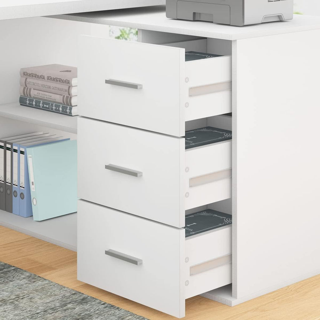 HSH White L Shaped Desk with Drawers Shelves, 360 Rotating Office Computer Desk with Storage Cabinet, Corner Home Office Desk Computer Table .55 Inch