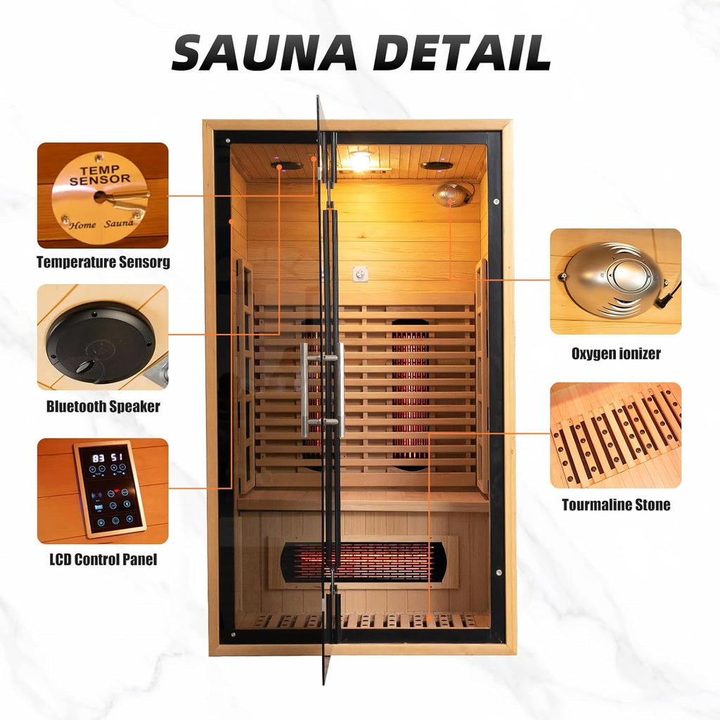 2 Person Red Light Far Infrared Sauna for Home 1750W/110V Canadian Hemlock Dry Indoor Saunas with LCD Panel Control Bluetooth Speaker Panoramic Tempered Glass