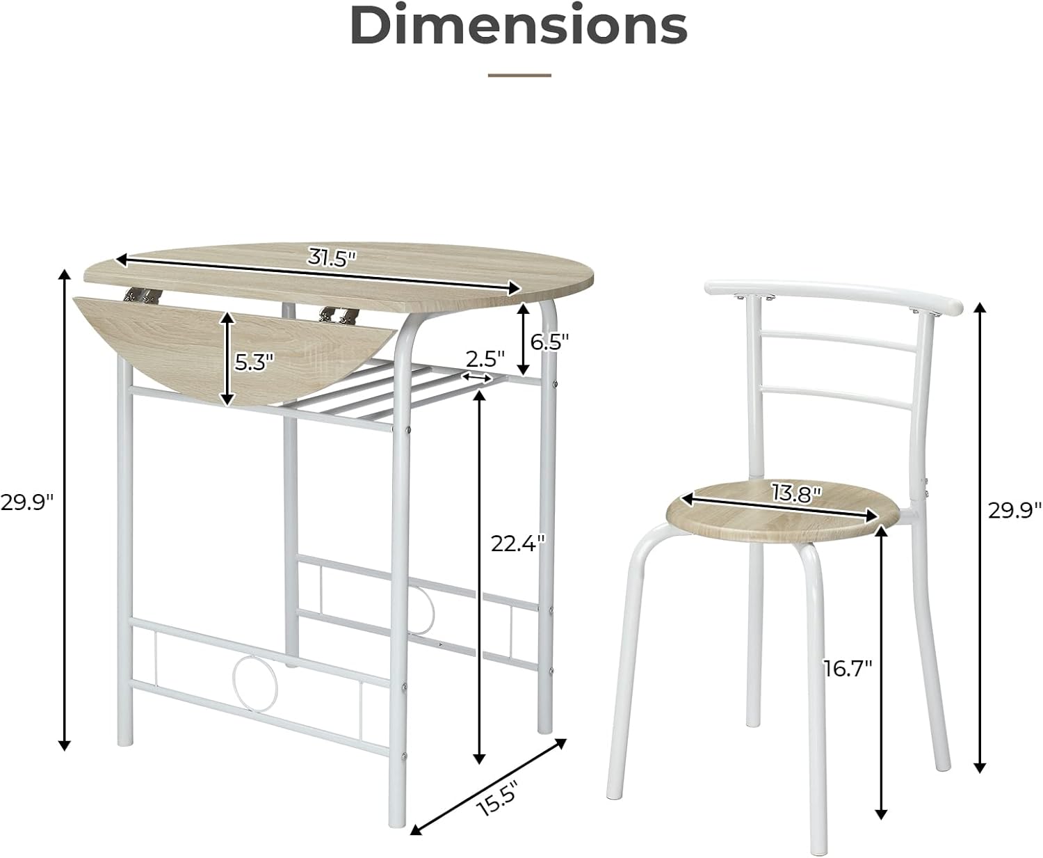 VINGLI 31.5" Drop Leaf Dining Table Set for 2, 3 Pieces Dining Table with Chair for Small Space, Small Kitchen Extendable Folding Dining Table for Dining Room，Home, Apartment, Saving Places, White Oak