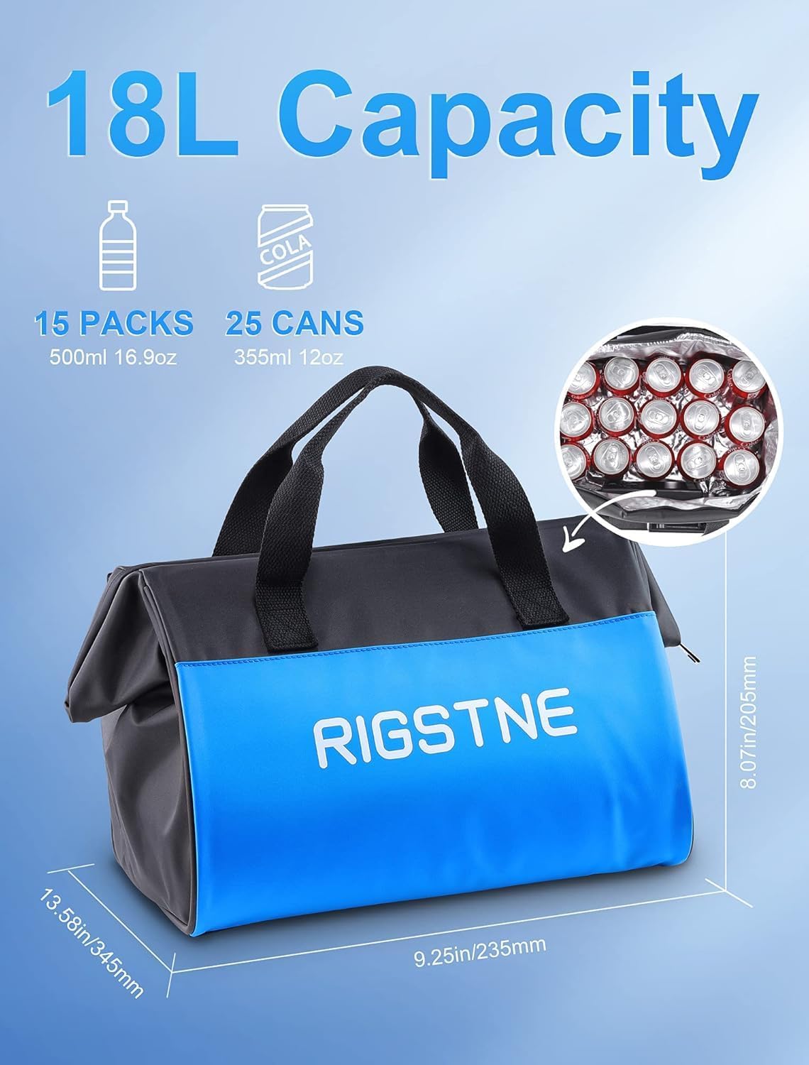 Electric Cooler Bag, 12V Thermoelectric Cooler Warmer Plug in for Vehicles, Portable Refrigerator for Car, RV, and Camping Use, 18L/20 Cans Capacity, Blue