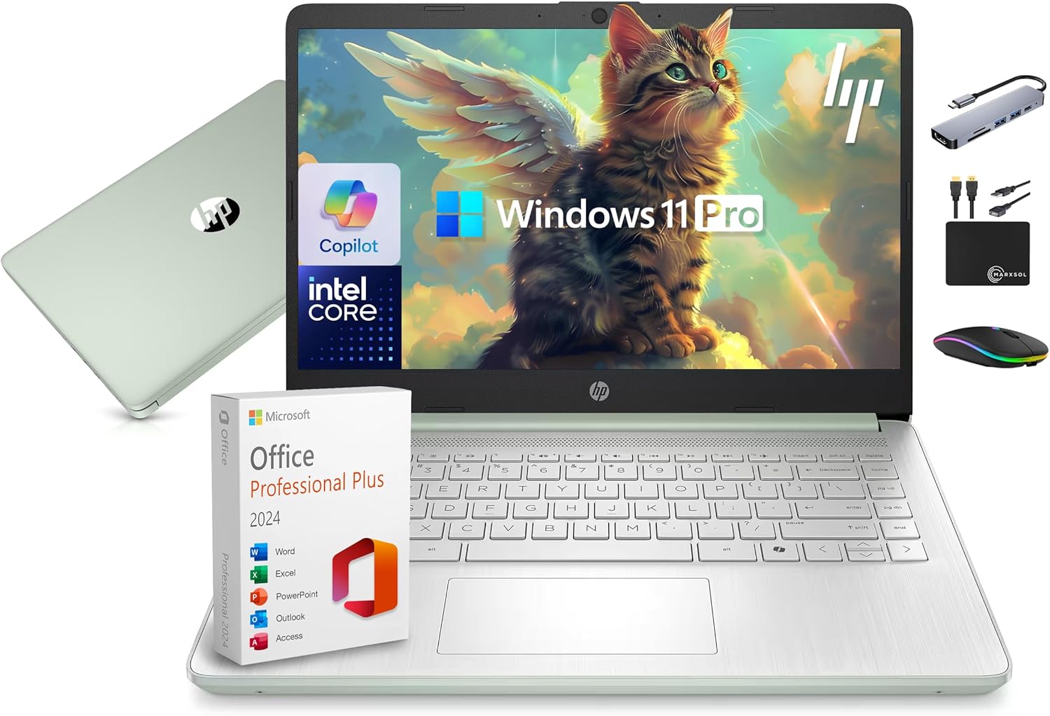 HP 14" Laptop Computer 2025-2026 Business Student  Copilot AI  Lifetime Office  4-Core Intel CPU  16GB RAM  628GB Storage (128GB UFS+500GB Ext)  Wi-Fi 6  10+ Hrs  MarxsolAccessory  Win 11 Pro  Green