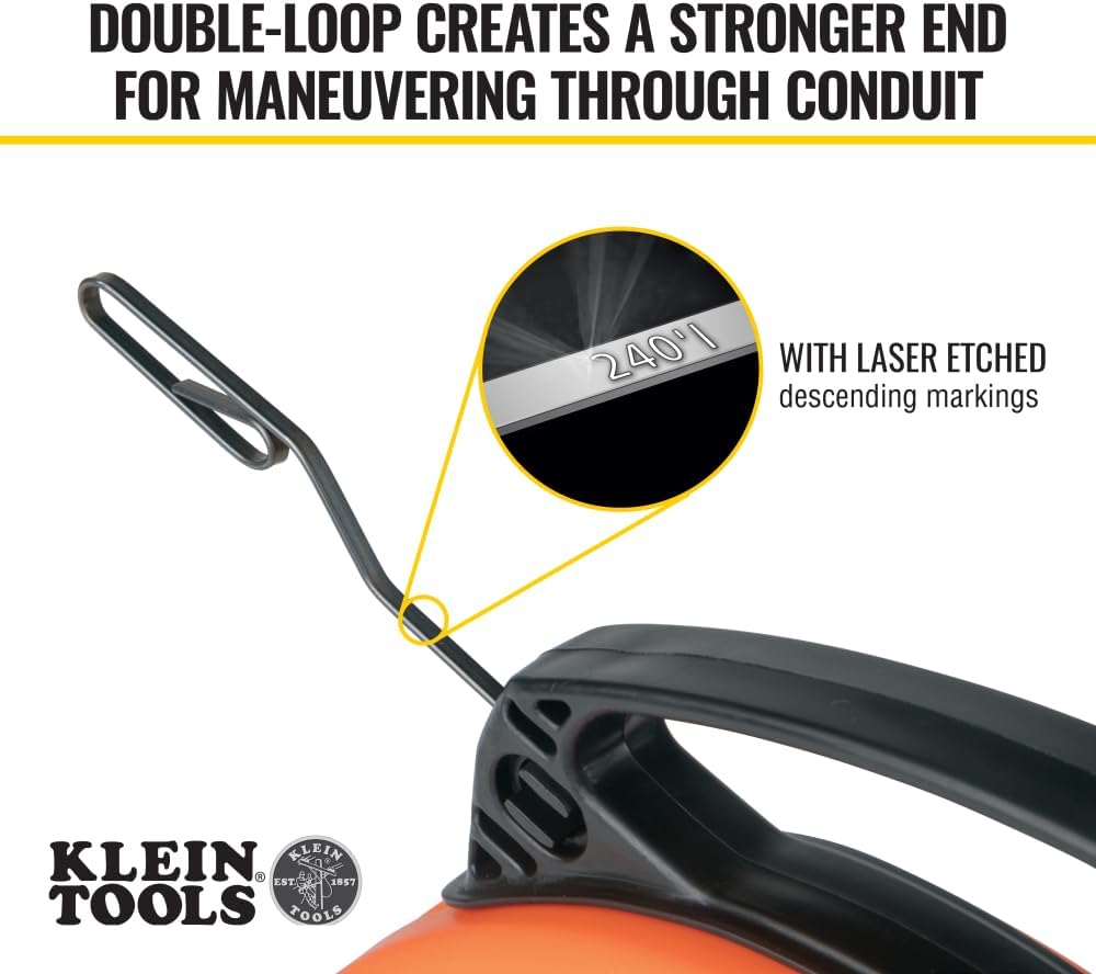 Klein Tools 56334 Electrical Fish Tape, Steel Wire Puller with Double Loop Tip, Optimized Housing and Handle for Heavy Duty Wire Pulls, 240-Foot