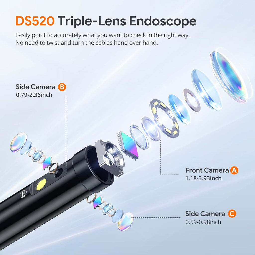 Triple Lens Endoscope Camera with Light with 50FT Semi-Rigid Cable, DEPSTECH 5" IPS Screen Sewer Inspection Camera, 1080P Industrial Borescope, Split Screen, Waterproof Drain Pipe Tool, Carrying Case
