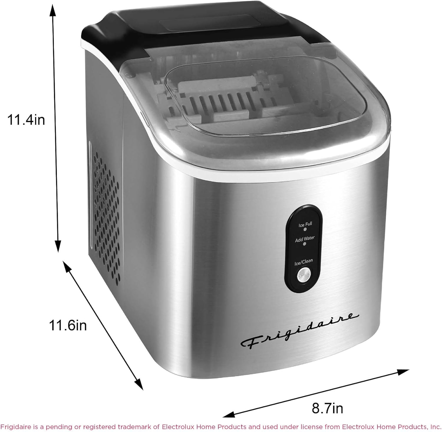 Frigidaire Stainless Steel Ice Maker Machine - Heavy Duty - Makes 26 lbs of Clear Ice Per Day - Digital LED Control Panel - Transparent Window - 1.2 Quart Water Reservoir - Stainless Steel