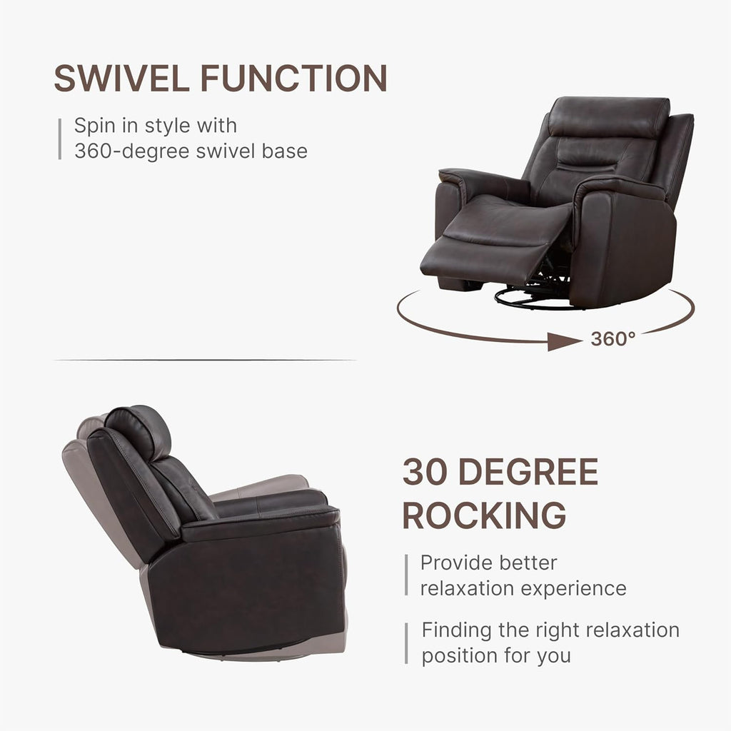 Leather Recliner Chair, 360° Swivel Rocker for Adults Manual Rocking Reclining Chair with Adjustable Backrest Footrest for Living Room Bedroom Home Theater Seating