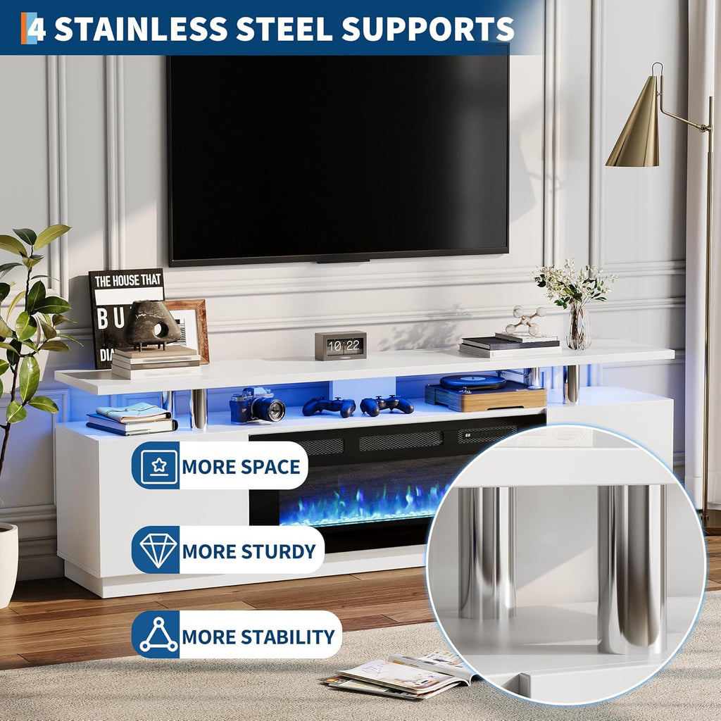 Led Fireplace TV Stand 70 in, Modern Electric Fireplace TV Stand with Cabinets, 2 Tier TVStand with 36 in Fireplaces, Entertainment Center with Fireplaces for TVs Up to 80