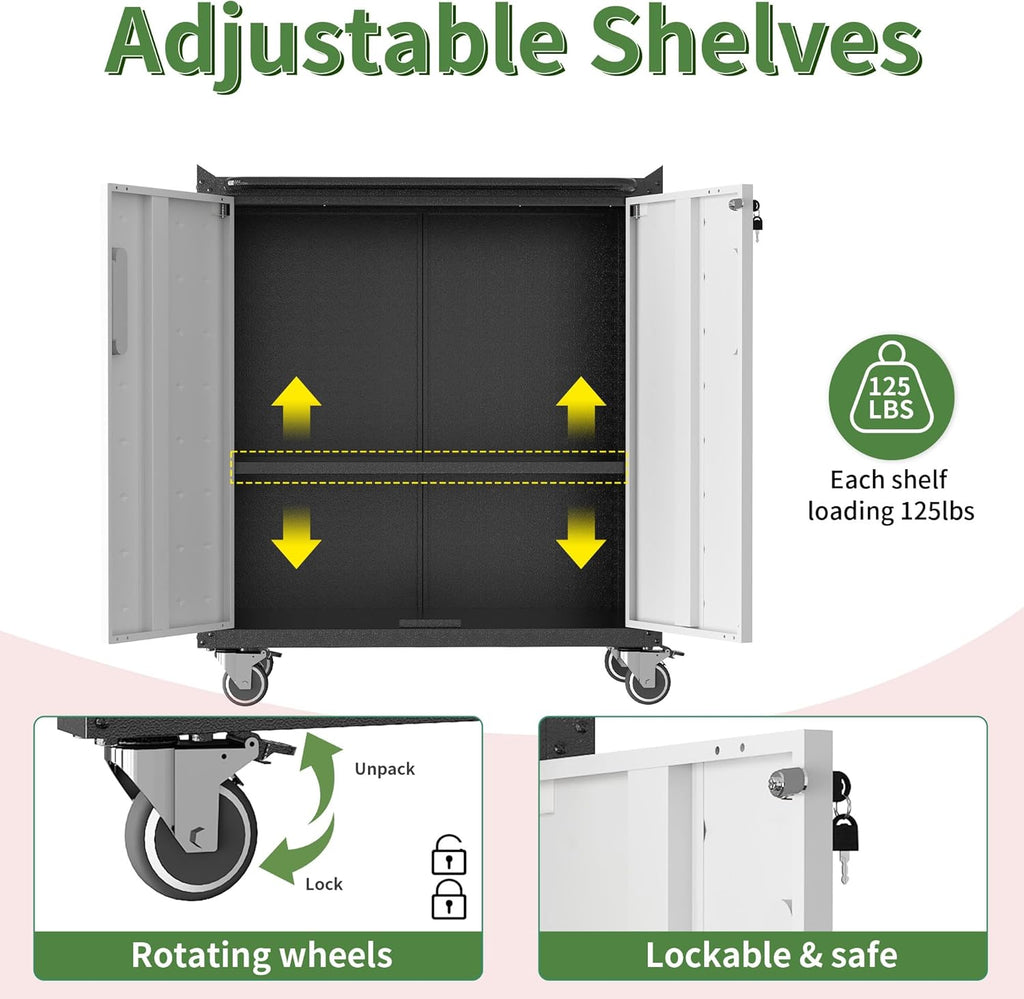 Garage Tool Storage Cabinet,Mobile Heavy Duty Metal Tool Chests & Cabinets with Lockable Doors,Black & Gray Rolling Tool Cabinets with Wheels,Assembly Required