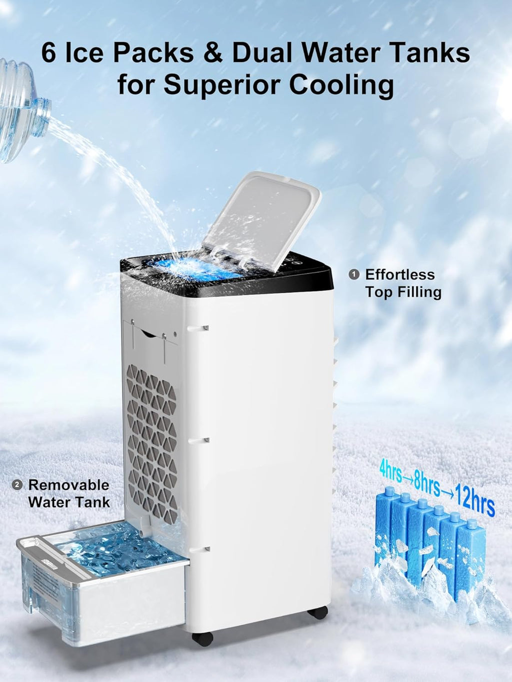 Uthfy Portable Air Conditioners, 3 IN 1 Evaporative Air Cooler with Detachable Water Tank, 6 Ice Packs, 12H Timer, 120° Oscillation, Remote, 3 Speeds, 4 Modes, Swamp Cooler for Bedroom, Office