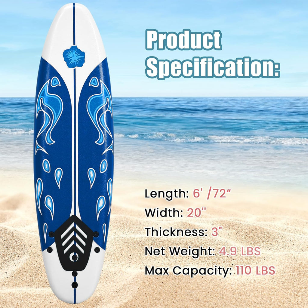 KOTEK 6' Surfboard, Surfing Board with 3 Removable Fins, Safety Leash, EPS Core & EPE Deck, Lightweight Surf Board for Teenagers, Adults, Beginners