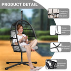 CHABATREE Egg Chair with Stand,Patio Rattan Wicker Hanging Swing Egg Chair Hammock Chair for Bedroom Porch Garden,Thickened Aluminum Alloy Steel Frame and UV Resistant Cushion,350LBS Capacity