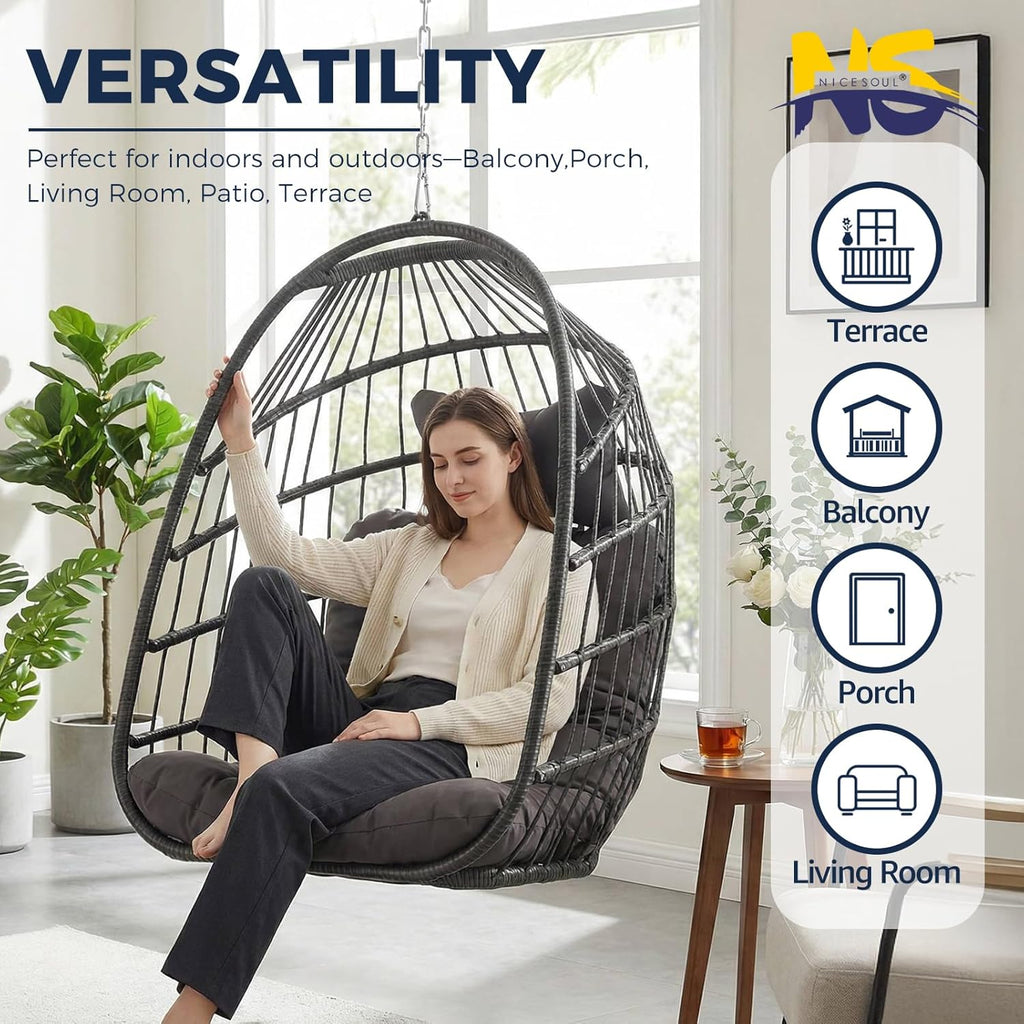 NICESOUL Egg Chair No Stand Outdoor Indoor, 350lbs Capacity Sturdy Patio Wicker Swing Hanging Chair, Hammock Egg Ceiling/Tree Chairs with Cushions for Bedroom Porch Deck Balcony, Gray Without Stand